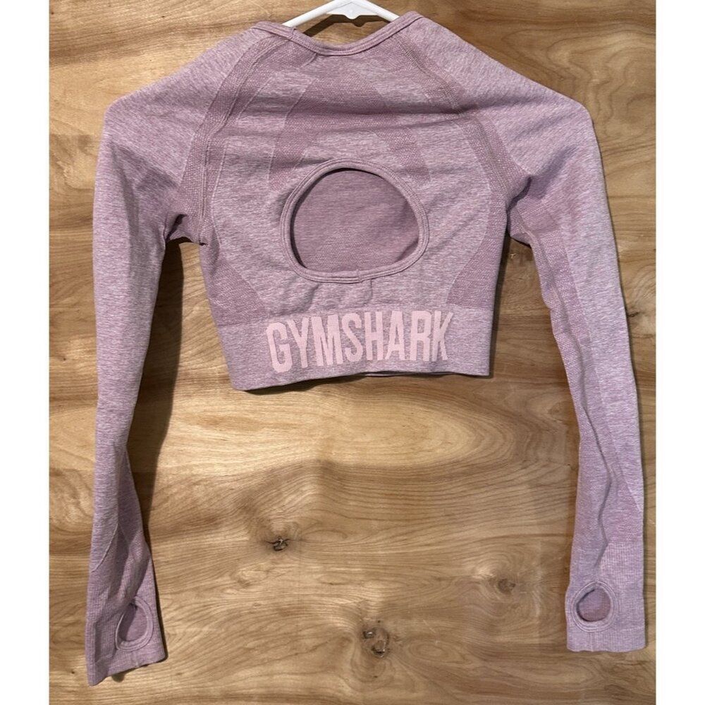 Gymshark Flex Long Sleeve Crop Purple Sz XS Athletic Workout Open Back Spellout